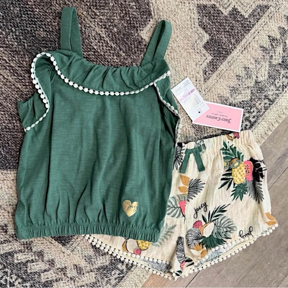 New Juicy Couture Boho Tank & Cream Tropical Print Tassel Shorts Girls sz 6 Set